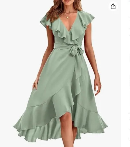 Women V Neck Short Sleeve Ruffle Elegant Dress