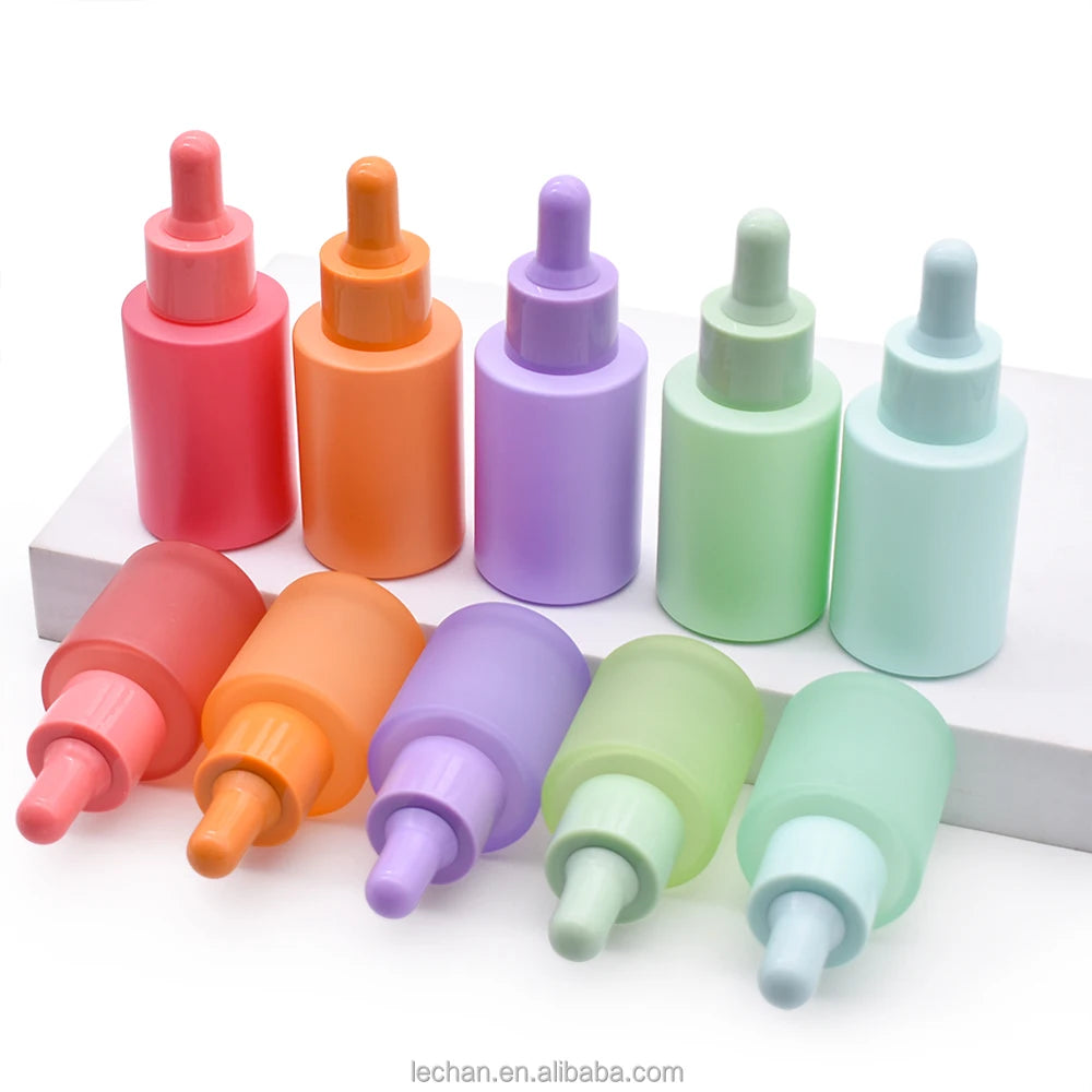 30ml Pink Blue Purple Multi-Color Glass Dropper Bottle with Thick Bottom Screen Printed Lid for Cosmetic Use