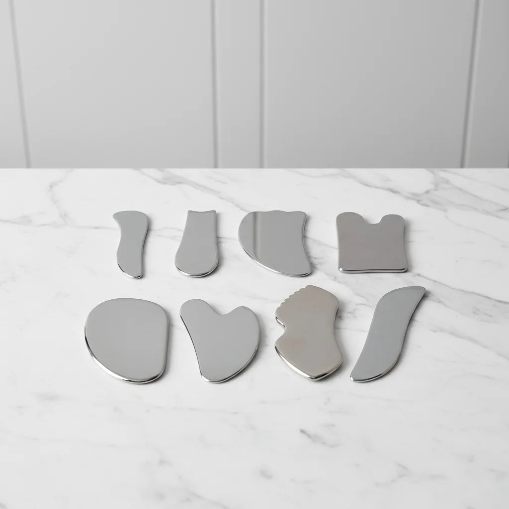 Custom Logo Body Metal Scraping Guasha Massage Tool Set 304 Stainless Steel Face Gua Sha Board