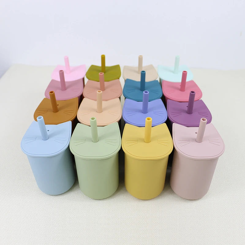 Colorful Food Grade Tazas Reusable Kids Training Tasa Toddler Tumbler Bpa Free Travel Silicone Baby Cat Cup With Straw