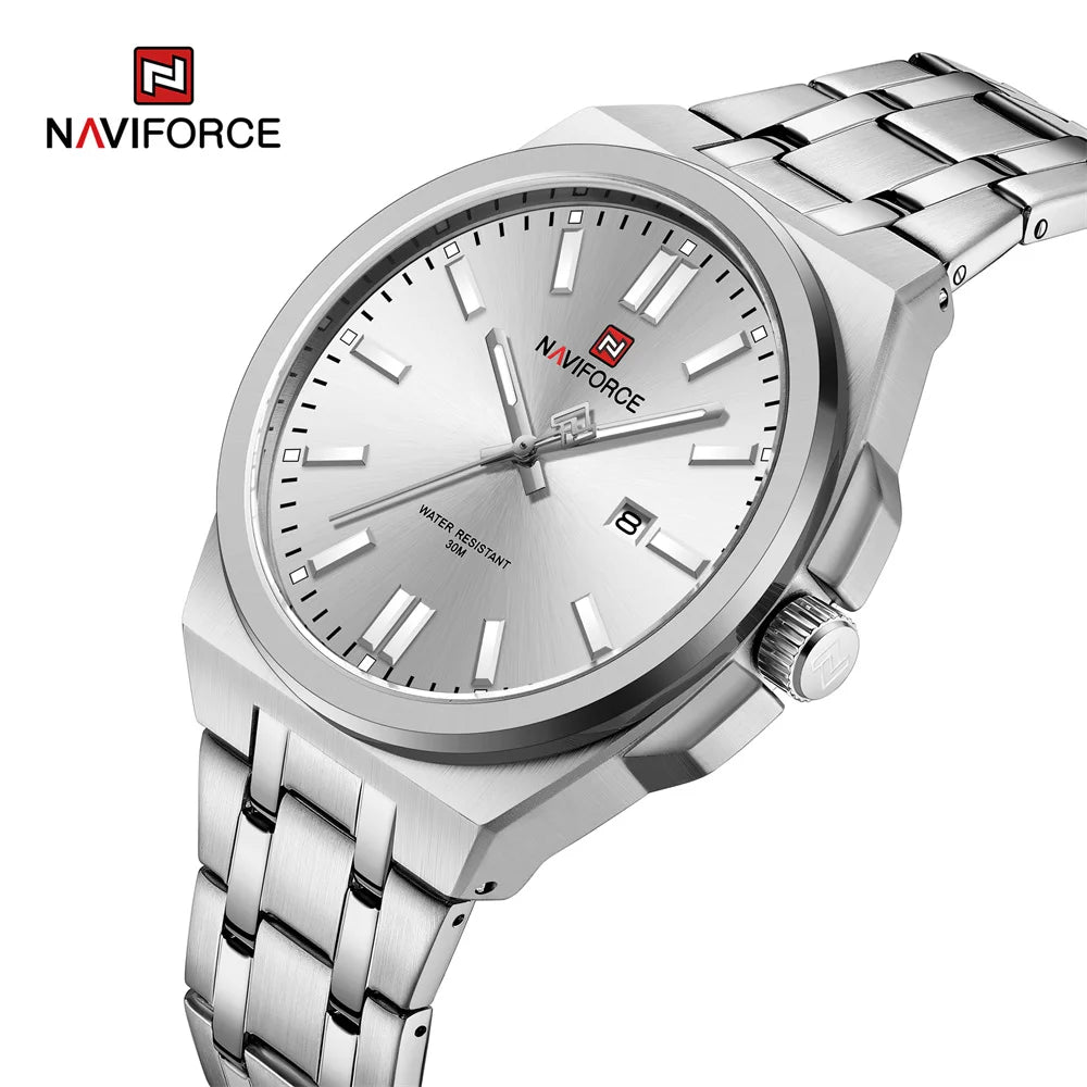 NAVIFORCE 9226 SWS Luxury Silver Quartz Watch for Men Large Dial Waterproof Wrist Watch Male Customized Logo Stainless Steel 