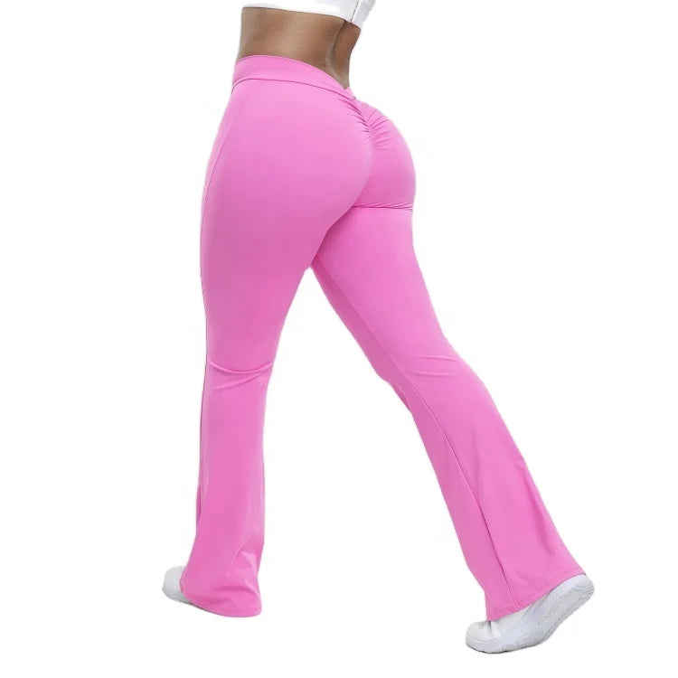 Lanyu Women's Yoga Pants Quick Dry Running Workout Gym Leggings Solid Color Flare Design Elastic Waist Scrunch Butt Plus Size