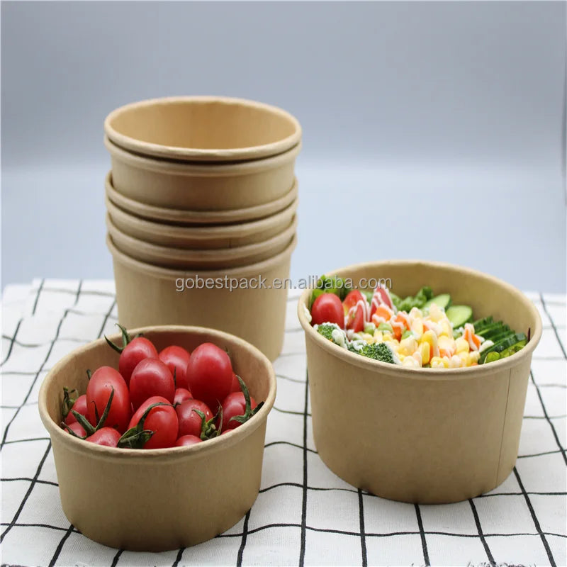 Biodegradable Paper Container  Kraft  Compostable 32 21 28 25oz  oz Bowls  PLA Coating Paper Bowls with Lids