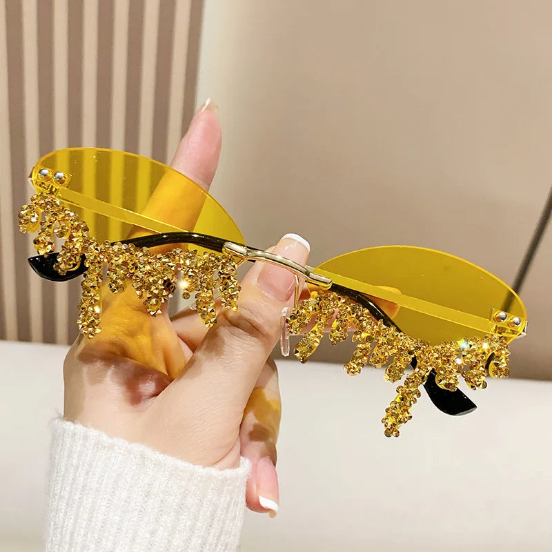 9044-2 New Style Personality Fashion Trendy Angel Tears Diamond Rimless Trimming Shades Ladies Sunglasses