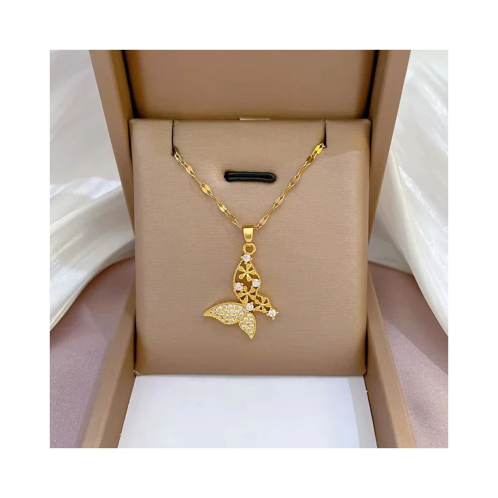 70 Design Bling Diamond Zirconia Heart Cross Pendant Necklace Real 18k Gold Plated Stainless Steel CZ Crystal Butterfly Neckl