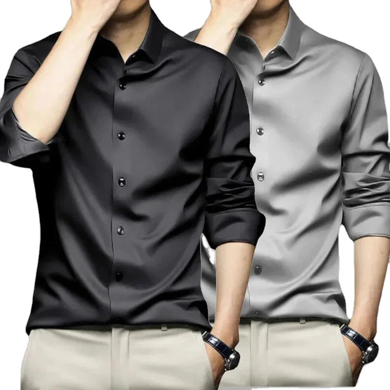 RNSHANGER Plus Size 6XL Men Shirts Fashion Non Ironing Long Sleeved Business Dress Shirt Soft Breathable Solid Color Male Shi