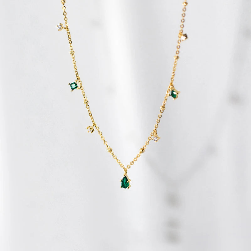 925 Silver Jewelry 18K Gold Necklace Pendant Green Crystal Droplet Zircon Drop Necklace for Women Simple