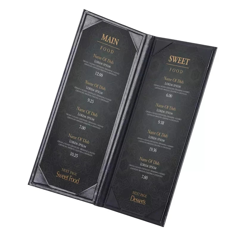 Black Menu Covers Waterproof Restaurant Cafe Bar PU Leather 2 View Fold Menu Book with Angled Corners for Cafes List Covers S