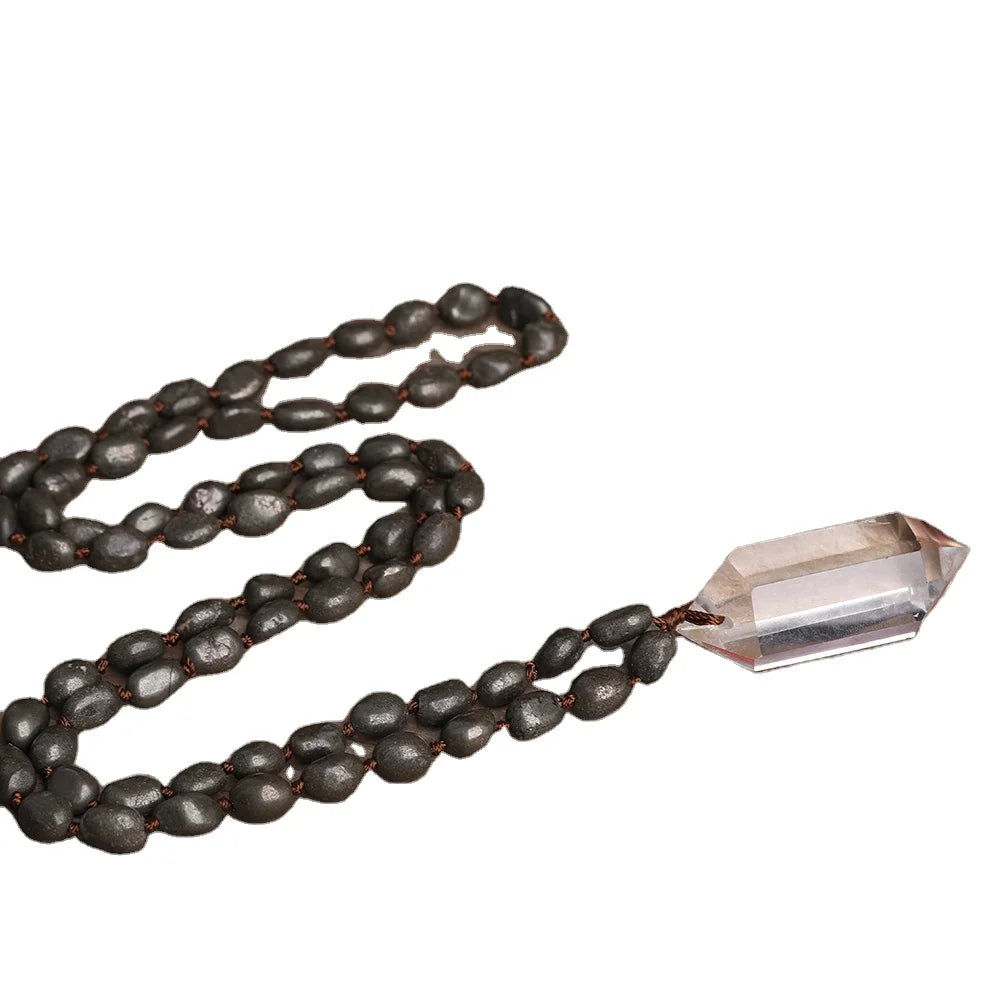 Iron Pyrite Chip Beads Mala Necklace  Healing Clear Crystal Quartz Double Point Pendant Necklaces