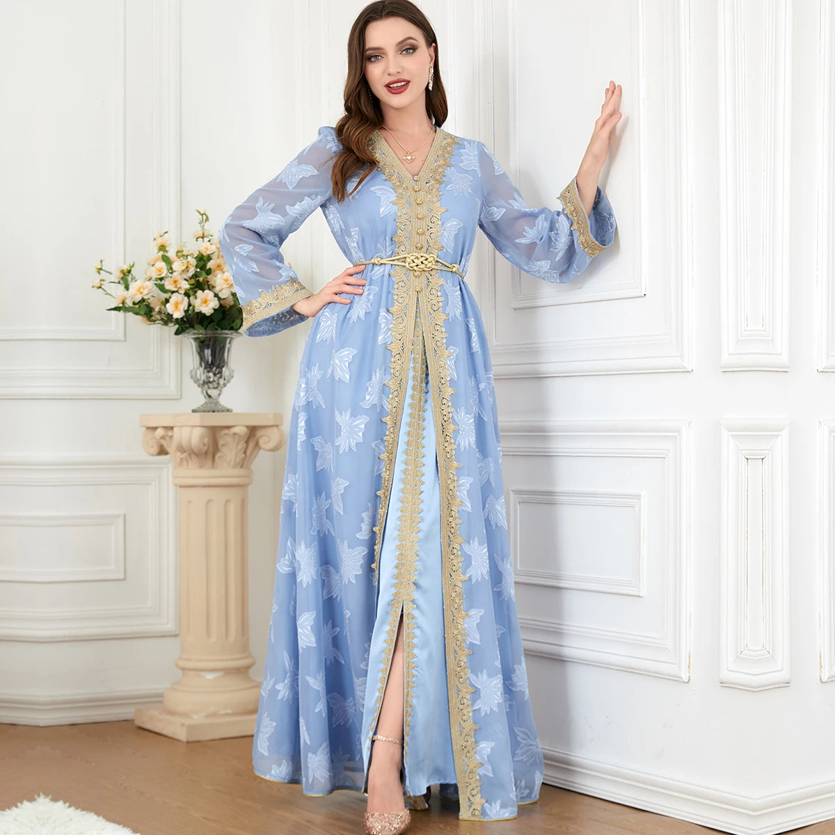 EID New Design Women Muslim Abaya Islamic Clothing Plain Color  Kaftan Two-Piece Suit Dress Muslim Women Abayas