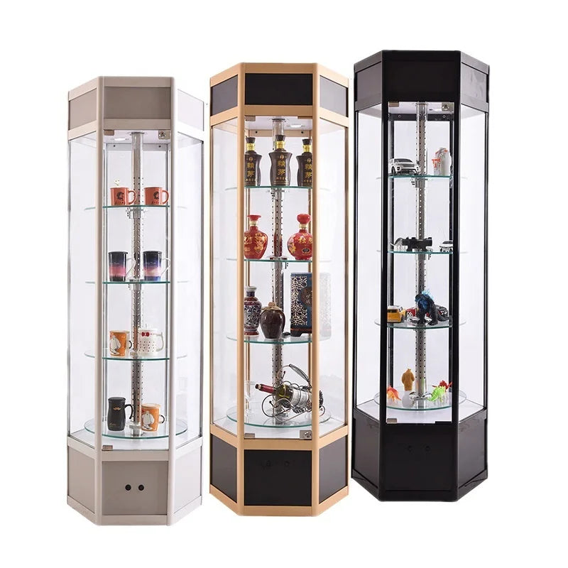 KEWAY Rotating Melamine Surface Glass Figures Display Case Stand Luxury Jewelry Showcases Revolving Cabinets Exhibit