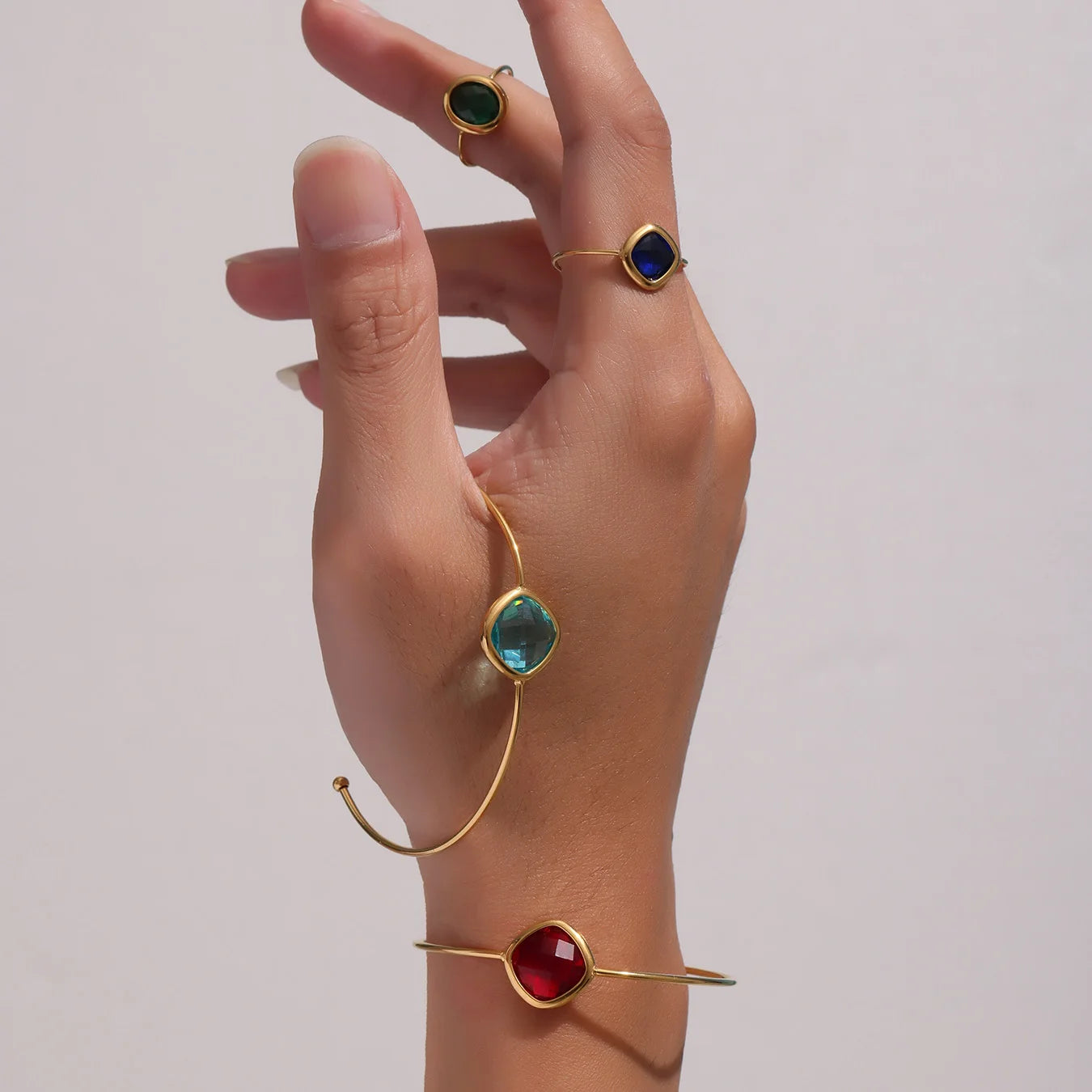 18K Pvd Gold Plated Stainless Steel Fine Circle Faceted Czech Glass Open Bangles for Women