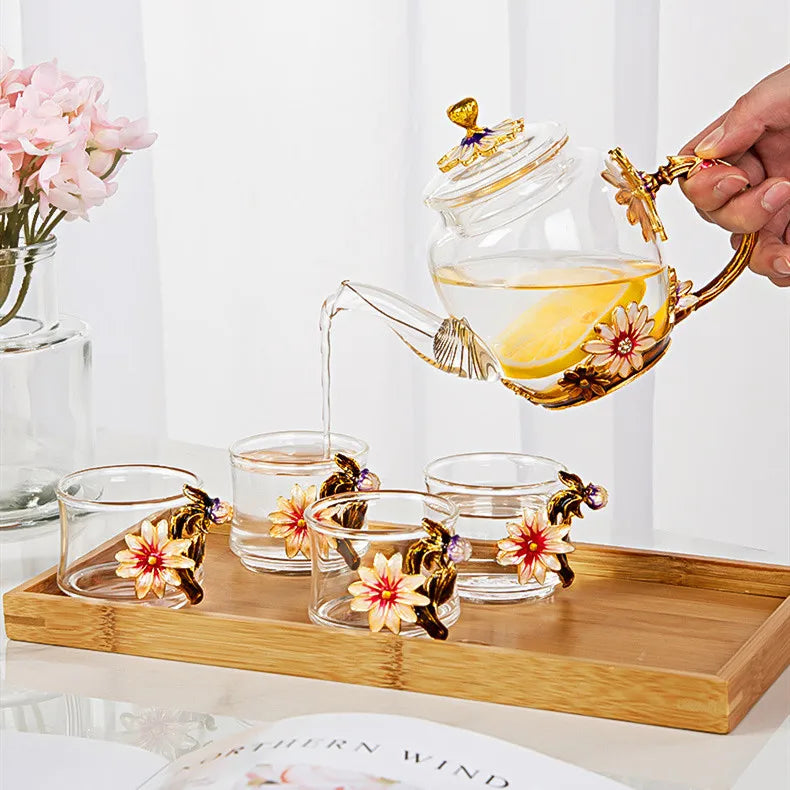 Flower Tea Cups Teapot Set Lead Free Crystal Glass Business Gift Eco-friendly Luxury Travel Asian Zen 20 Sets Wholesale Jesen