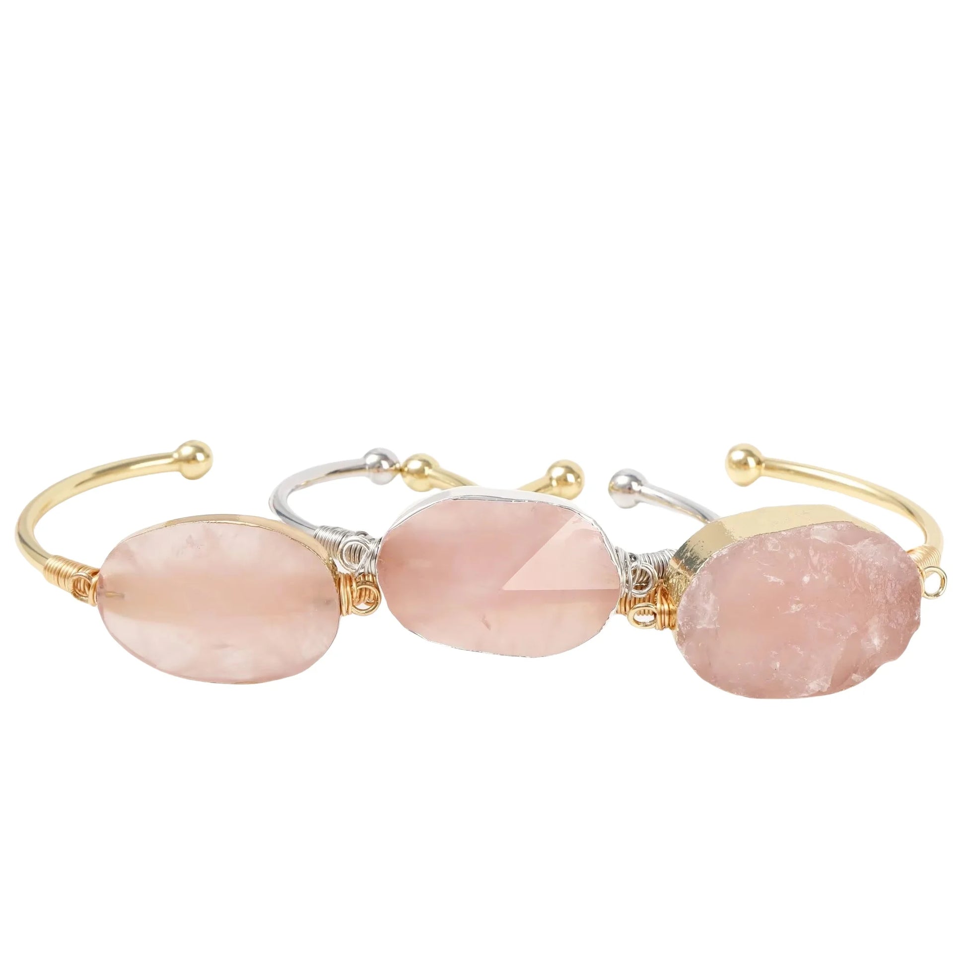 Fashion Pink Crystal Healing Bangle Natural Rose Quartz Wire Wrapped Charm Open Cuff Bracelet Jewelry Lady Teengirl Gift