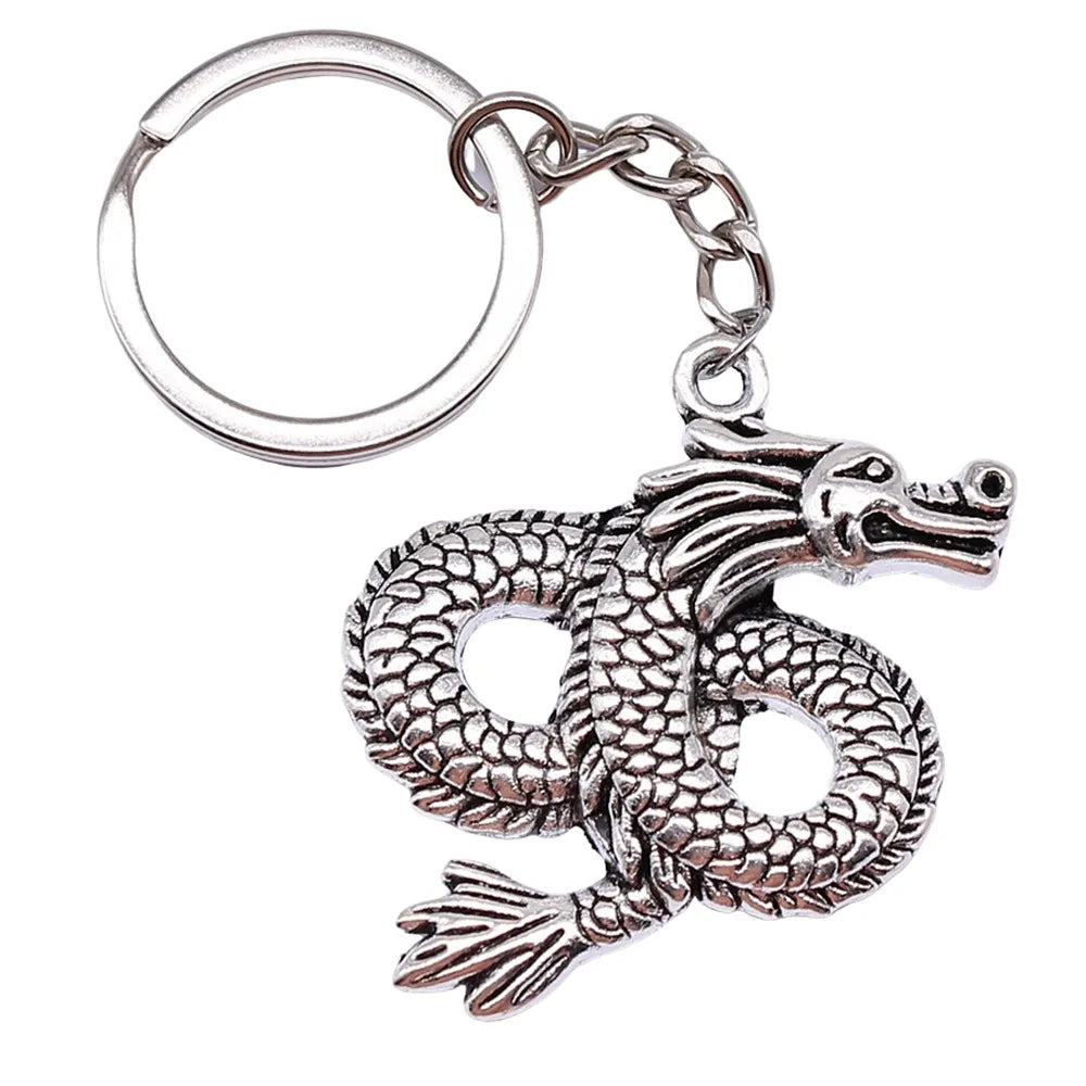 AA016046 Fashion Stainless Steel Key Ring Antique Silver Plated China Loong Dragon Keychain