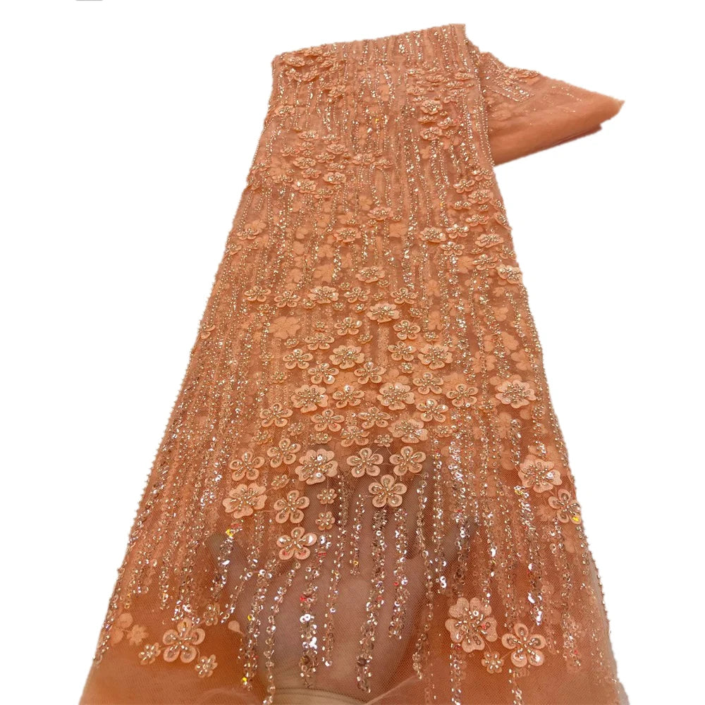 NI.AI Luxury Beaded Lace 3D FLower Embroidery Net Lace Fabric Beads Sequence Beaded Lace for Evening Dress