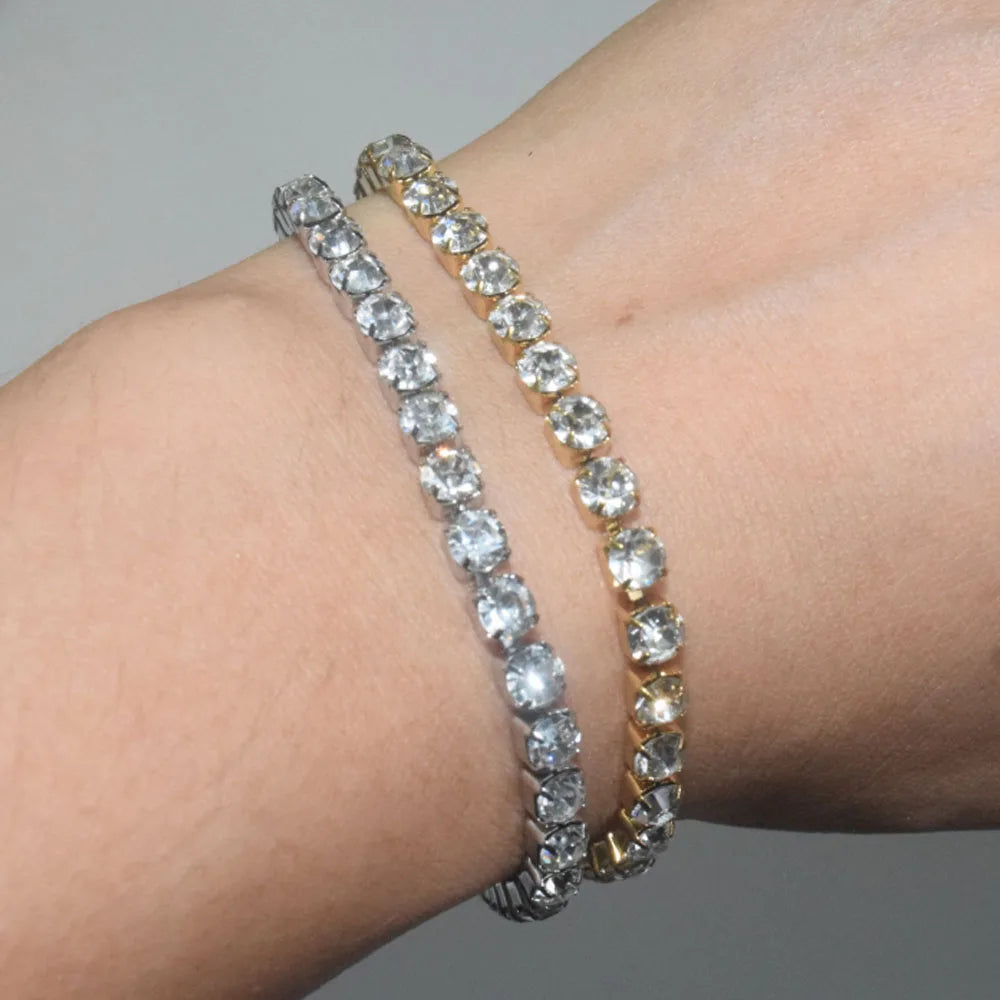 Fashion Trendy Stainless Steel Fine Gold Plated 3mm 4mm Zircon Beads Paving Tennis Chain Bracelet and Necklace Set Jewelry Wo