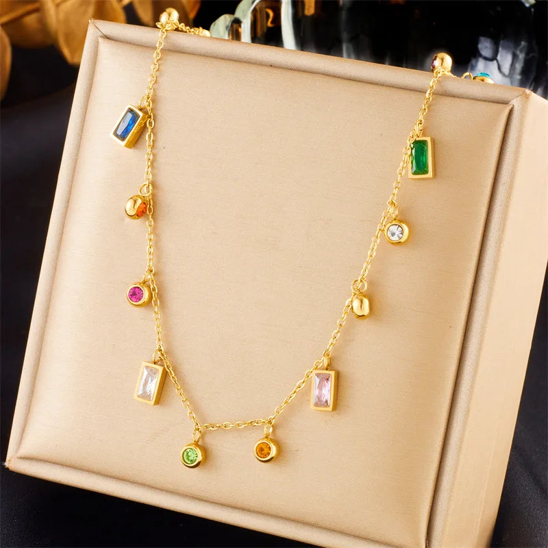 New Arrival 18k Gold Plated Stainless Steel Crystal Colorful Zircons Charm Necklace Fashion Jewelry Tarnish Free Necklace Wom