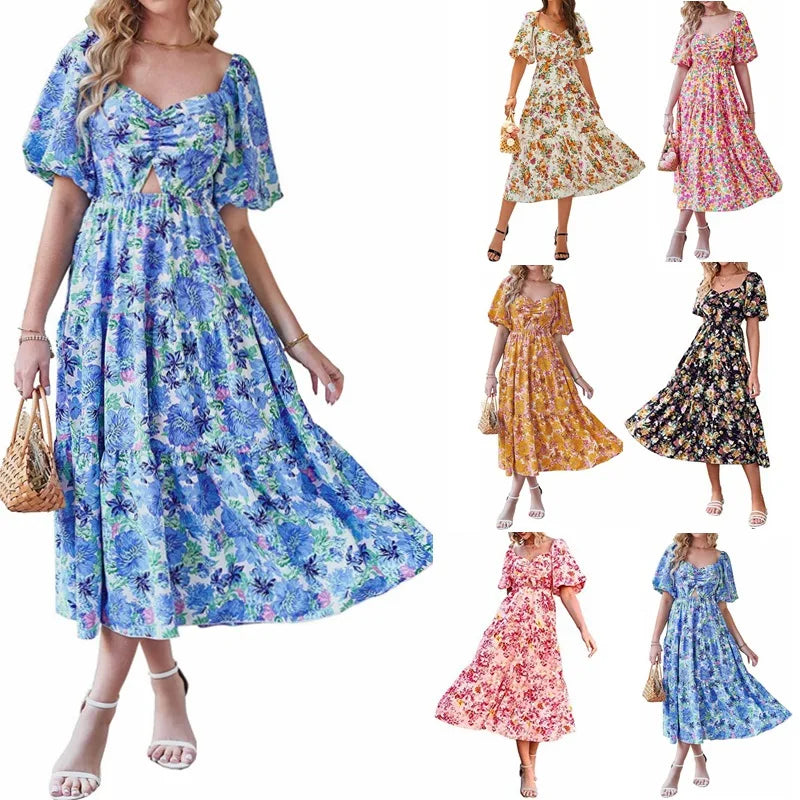 Women's New square Neckline Bubble Short Sleeved Back Pleated Printed Dress