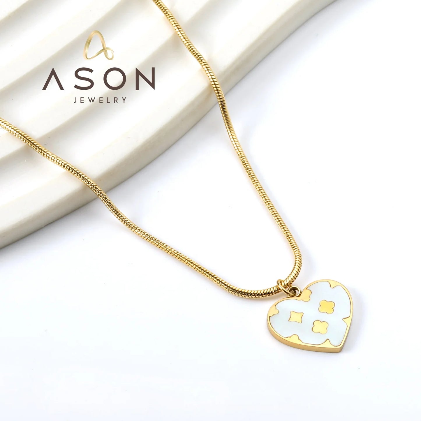 Ason Classic Fashion Jewelry Design Polished 18K Gold Plated Stainless Steel Charm Chain Shell Heart Pendant Necklace for Wom