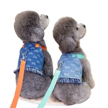Customized Quality Pet Dogs and Cat Vest Harnesses Pet Clothes Denim Harness with Leash Print Bow Knot