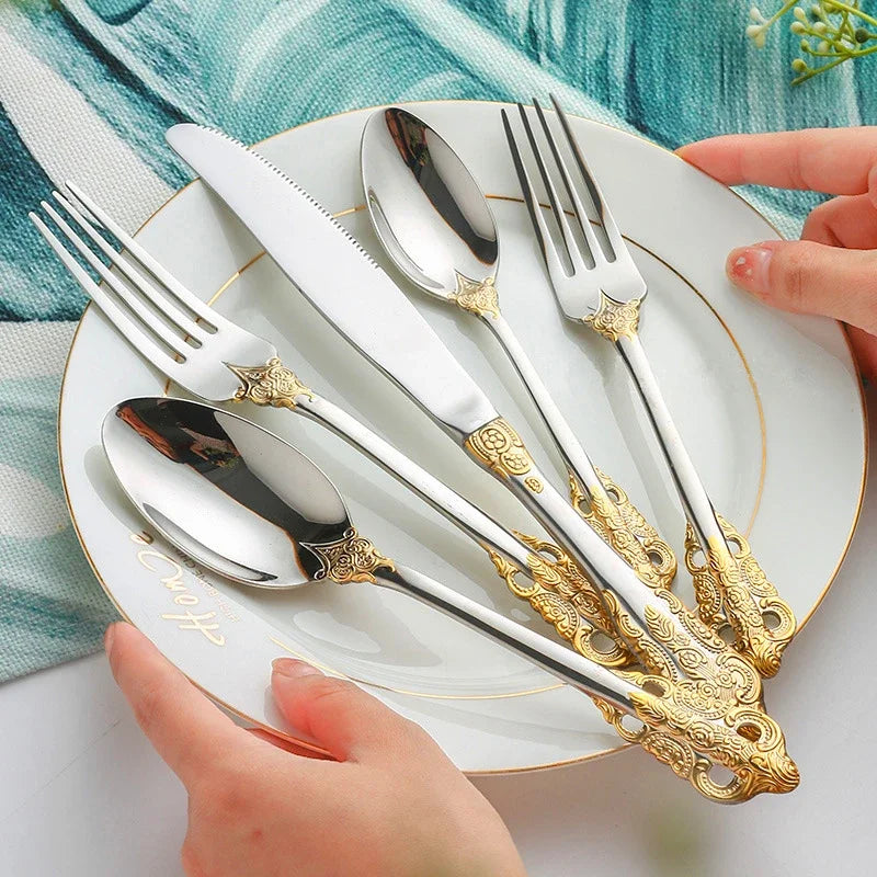 Luxury Gold Cutlery Set Vintage Dinnerware Set 18/10 Stainless Steel Silver Flatware Knife Fork and Spoon