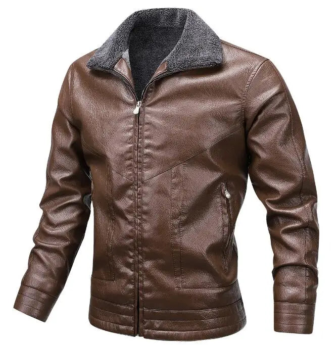 Mens Winter Warm Jacket Brown Coat Fur Collar Leather Jacket Thick Leather Jacket for Male