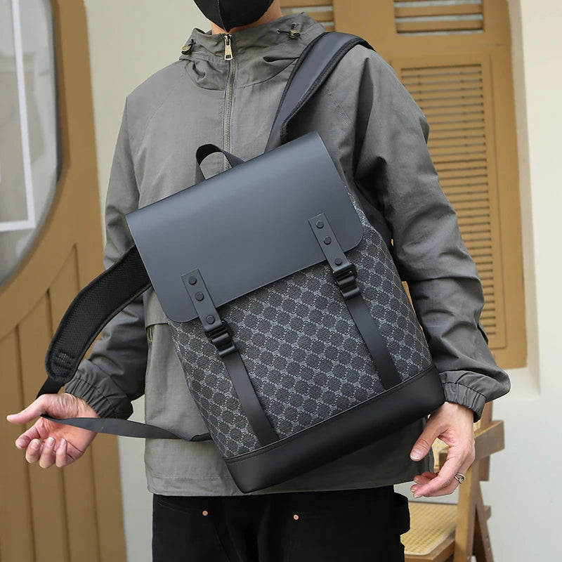 Fashion Men's PU Laptop Backpack with USB Waterproof Polyester Lining for Business Travel & College Students
