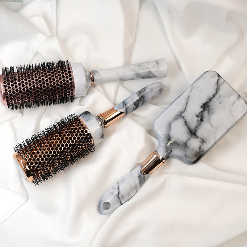 Wholesale Marble Texture Scalp Massage Cushion Brush and Hair Blow Roller Brush Set for Women and Girls