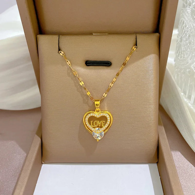 Sparkling Stainless Steel Love Shaped Choker Necklace Micro Inlay CZ Hollow Out Heart Pendant Necklace for Valentine's Day Gi