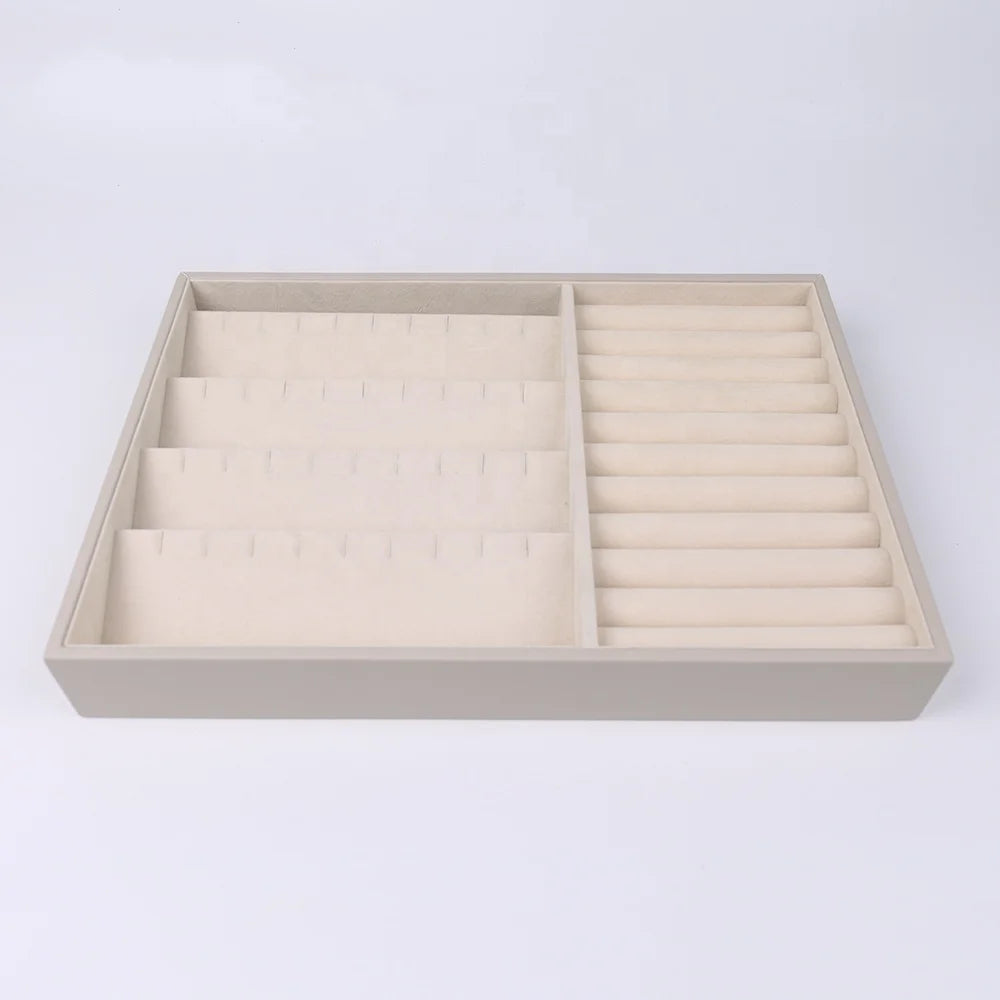 Custom Beige Fancy PU Leather Velvet High Quality Handmade Jewelry Organizer Display Tray Necklace Ring Earring Lining Retail