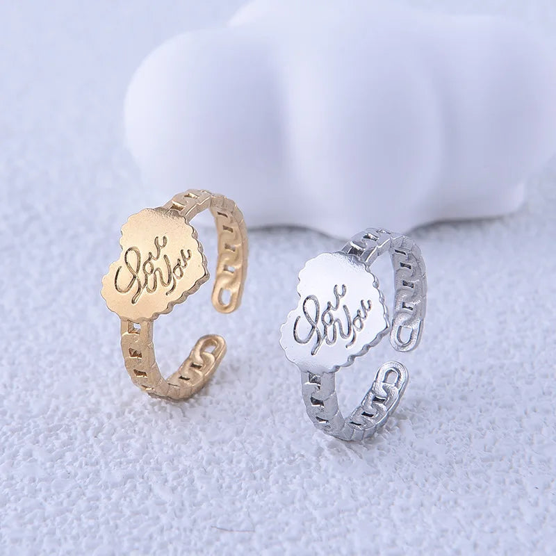 Beimai OEM Ring Simple Letter Chain Heart Titanium Steel Open Couple Ring
