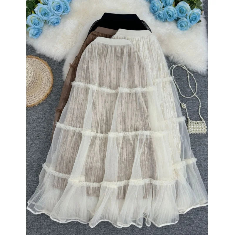Exquisite A-Line Skirt 2026 Winter Bottoms Sophisticated Premium Texture Pleated Hem Fairycore Women's Mesh Skirt