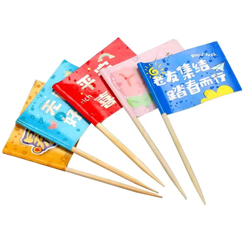Chinese Manufacturer Custom Logo Sandwich Burger Flag Disposable Eco-Friendly Birch Wooden Toothpicks Made from Bamboo