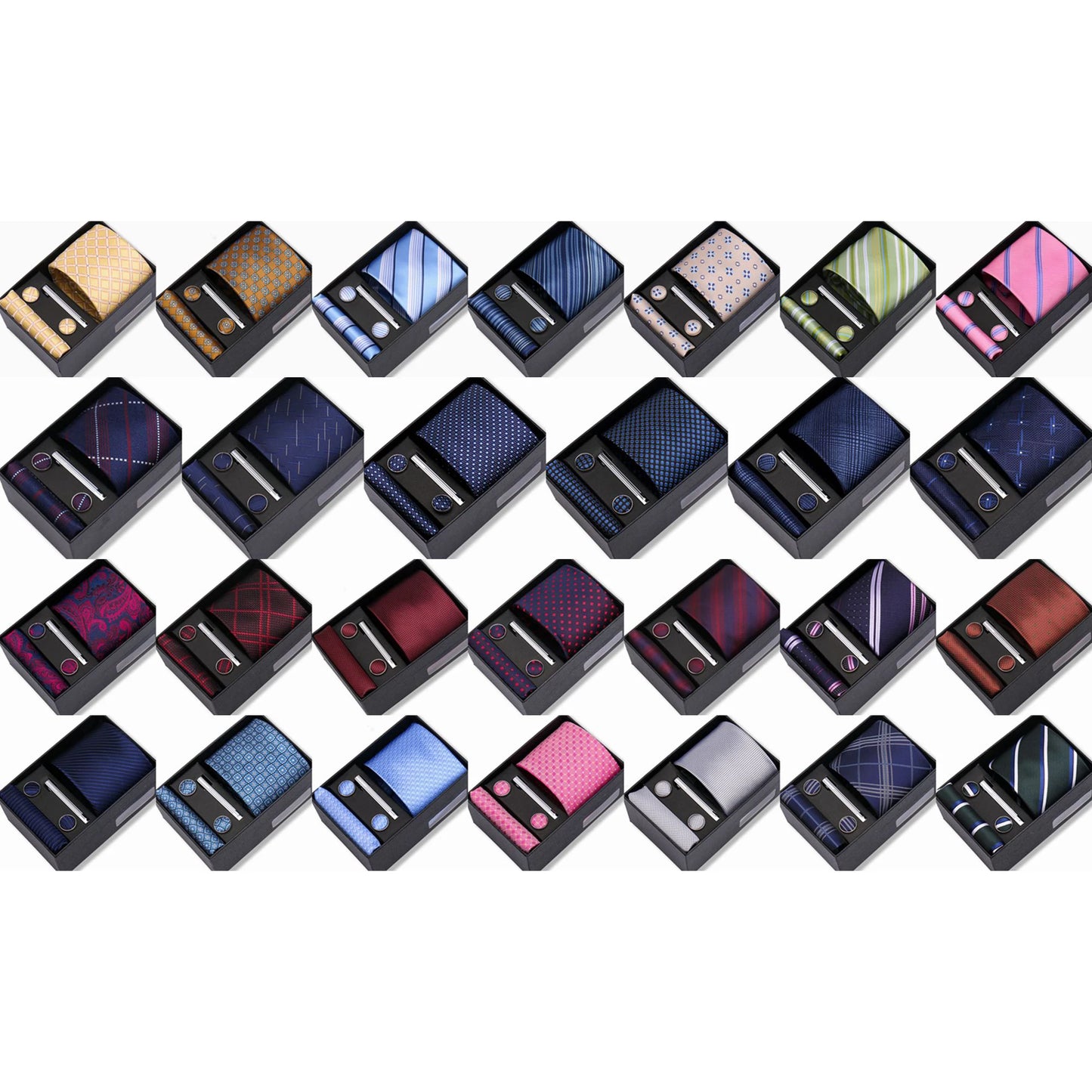 Black Gift Box Fashion Silk 8cm Necktie Set Tie Clip Handkerchief Cufflinks Suits for Party Wedding Neckties Gift Sets for Ma