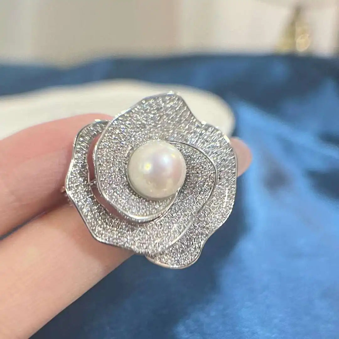 Large Silver Camellia Brooch with 9-10mm Natural Freshwater Pearl June Stone Pearl Accessories for Weddings and Parties