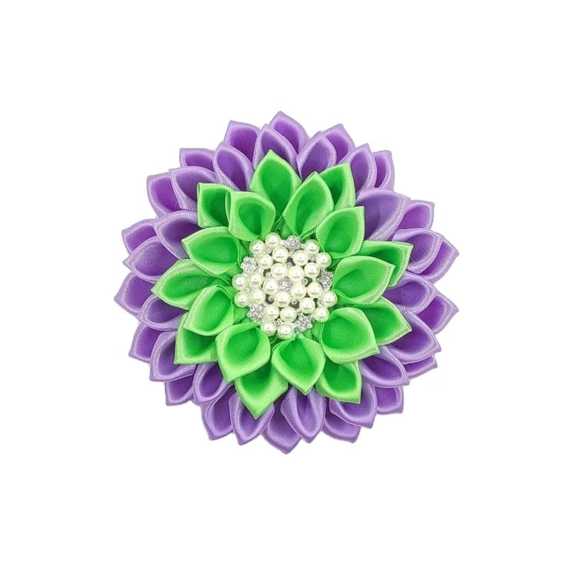 11 cm 4.5 Inch Green Purple Silver Plated Crystal Rhinestone Satin Ribbon Layer Petal Flower Wedding Engagement Party Gift