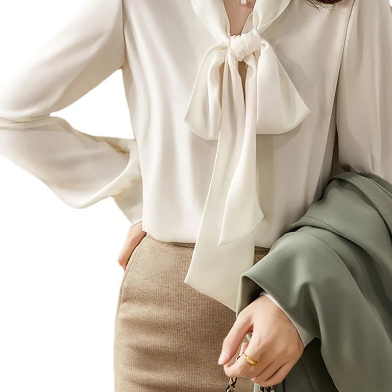 RNSHANGER Women's Casual Shirt Elegant Bow Tie Neck Long Sleeve Button Cuff Chiffon Blouse Collar Summer Blouses for Women