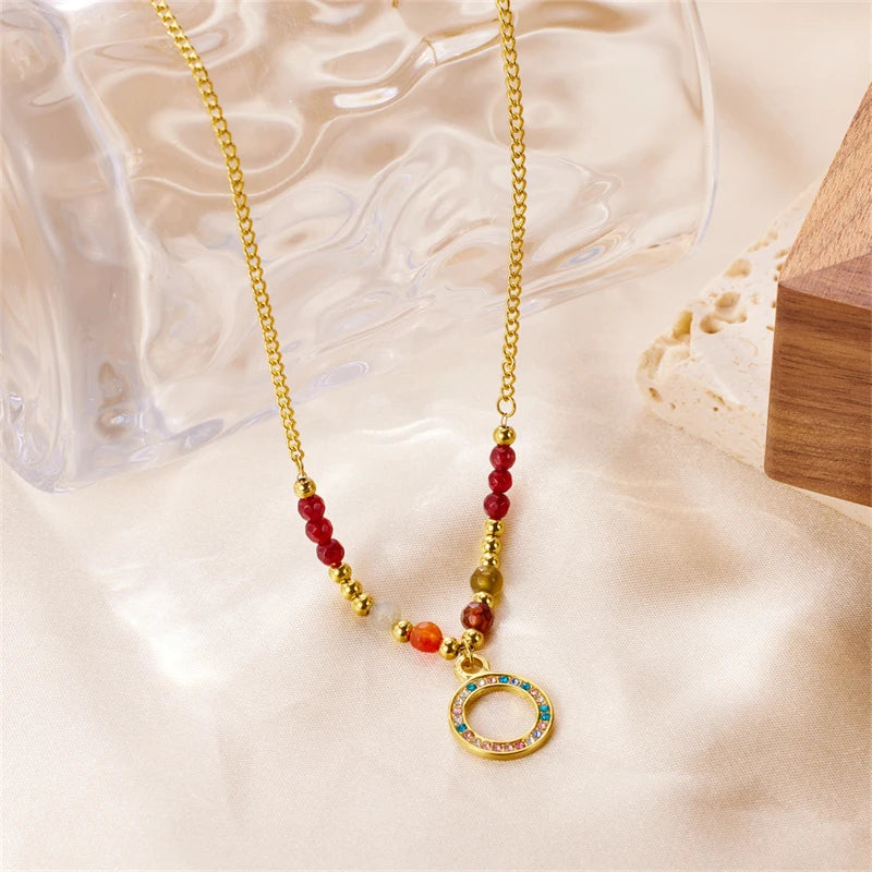 2024 Fashion Jewelry Stainless Steel Natural Stones Chain Necklace Gold 18K for Women