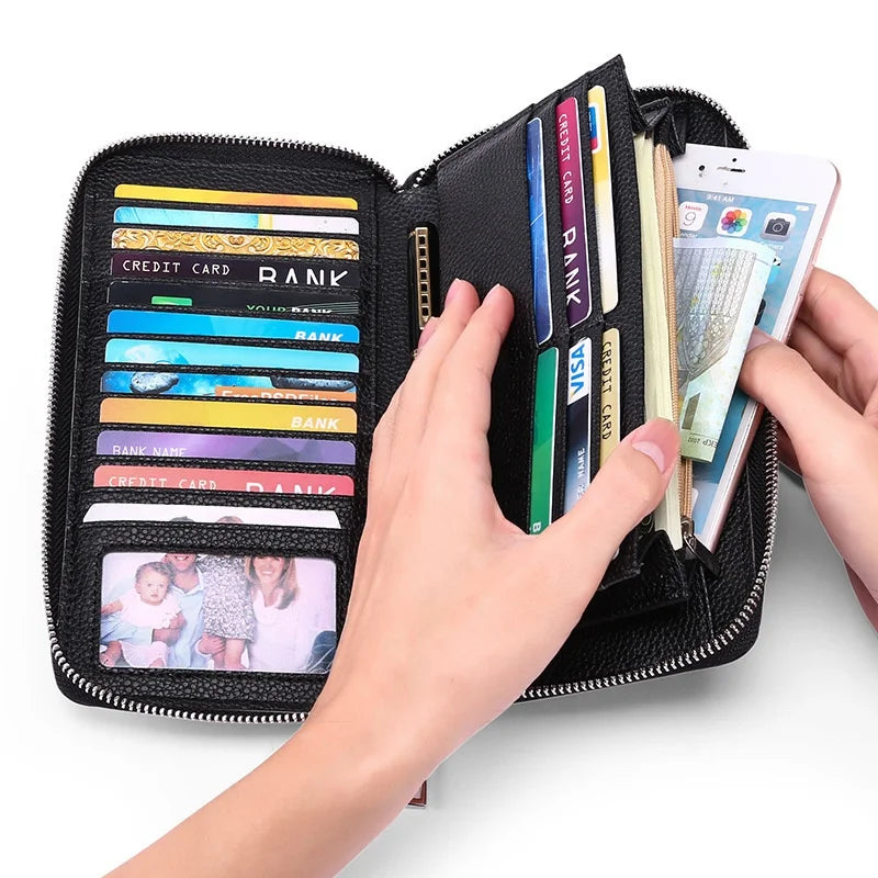 Casual Designer Simple Solid Color RFID Blocking Long Zipper Custom Logo Pouch Card Holder Purse Women Wallet with Wrist Stra