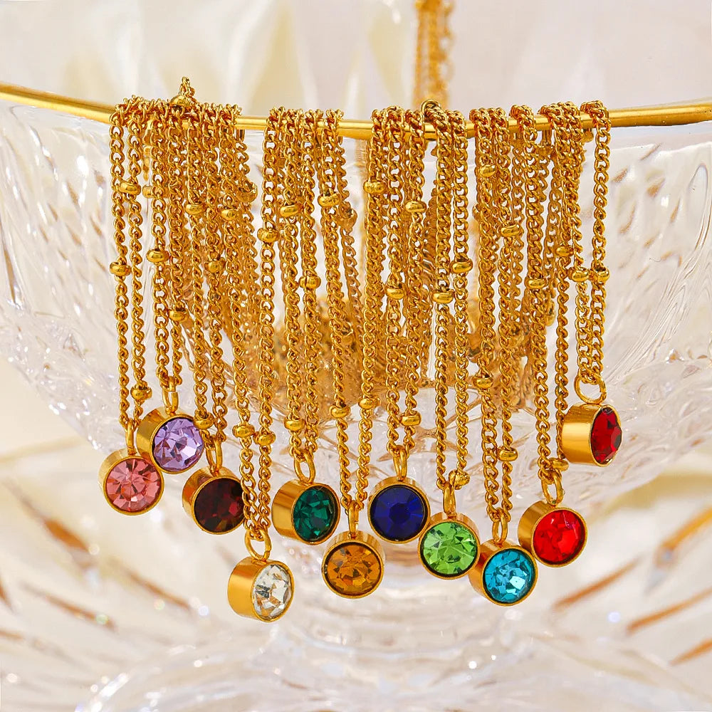 Korean 6mm Birthstone Pendant Necklaces for Women Zircon Necklace Gift Jewelry Girlfriend Shiny CZ Stone Round Charm Necklace