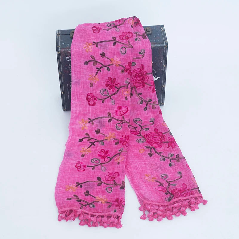 2024 High Quality Stretchy Cotton Hijab With Embroidery Flower Hair Scarf for Muslim Women