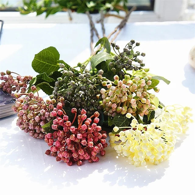 2 Heads Artificial Real Touch Greenery Stems Plastic Hydrangea Bud Berry Branch for Wedding Home Party Table Decoration Plant