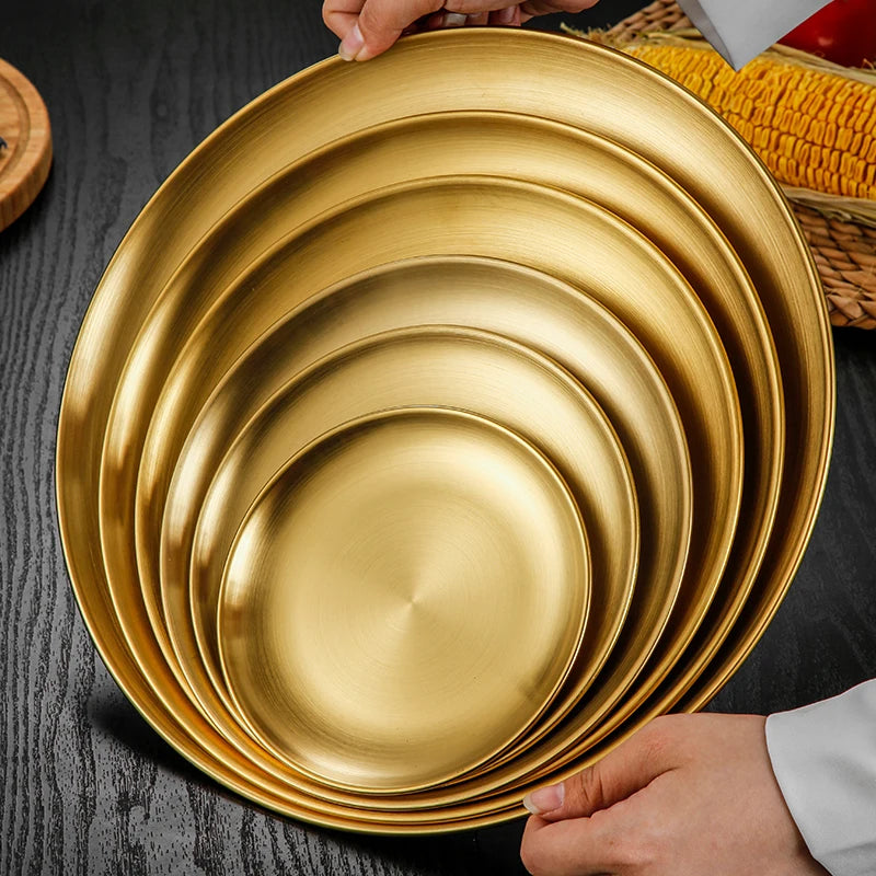 Restaurant Gold Serving Tray Dinner Plates Storage Plate Round Dessert Stainless Steel 10 Inch 26cm Gold Cake Dish Silver Hot