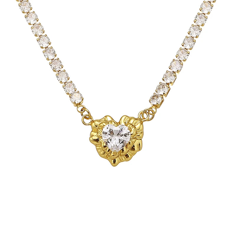 French Style Vintage 18k Gold Plated Necklace Trendy Heart Love Clear Zircon Pendant Necklace for Women Gift