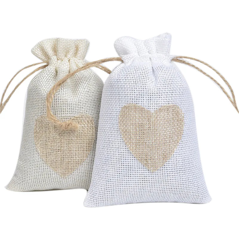 10*14CM High Quality New Linen Drawstring Bag Natural Color Love Linen Drawstring Bag Wedding Return Gift Packaging Bag