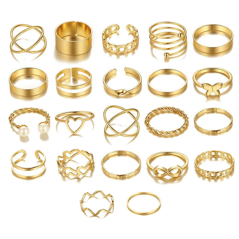 2025 Trendy Multi-Piece New Fashion 18K Gold Plated Shiny Pearl Butterfly Rings Alloy 22Pcs  Wedding Ring Set for Girls
