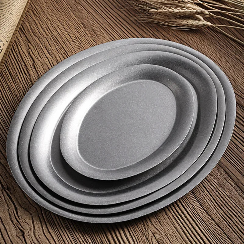 Hot Selling Product Japanese Vintage Make Old Oval 304 Stainless Steel Restaurant Plate Dessert Tray Kitchen Tableware