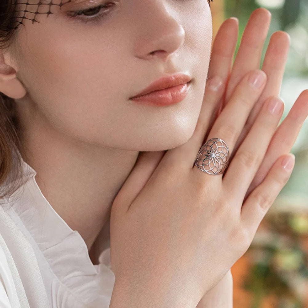 Flower of Life Adjustable Open Ring Sacred Mandala Stainless Steel Ring Amulet Jewelry Trend Birthday Gifts Jewelry for Women