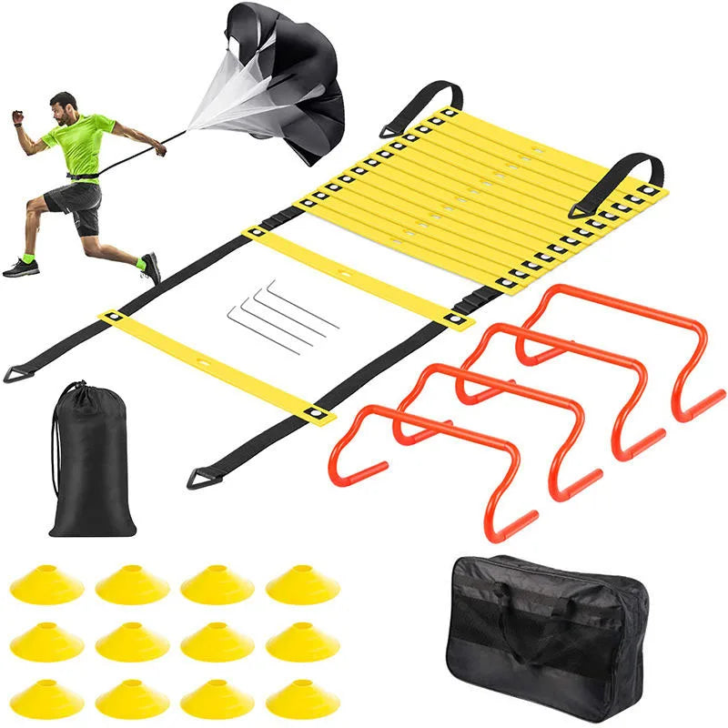 ZJ Football Soccer Speed Training Equipment Set Agility Ladder 12 Soccer Cones 4 Hurdles Running Parachute Agility Ladder
